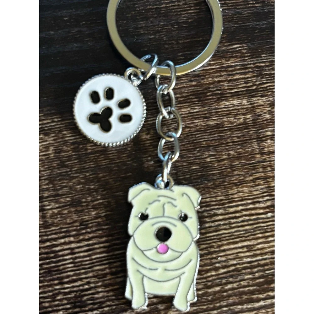 English Bulldog Enamel Keychain Silver Tone Paw Print Charm Pet Lover Gift